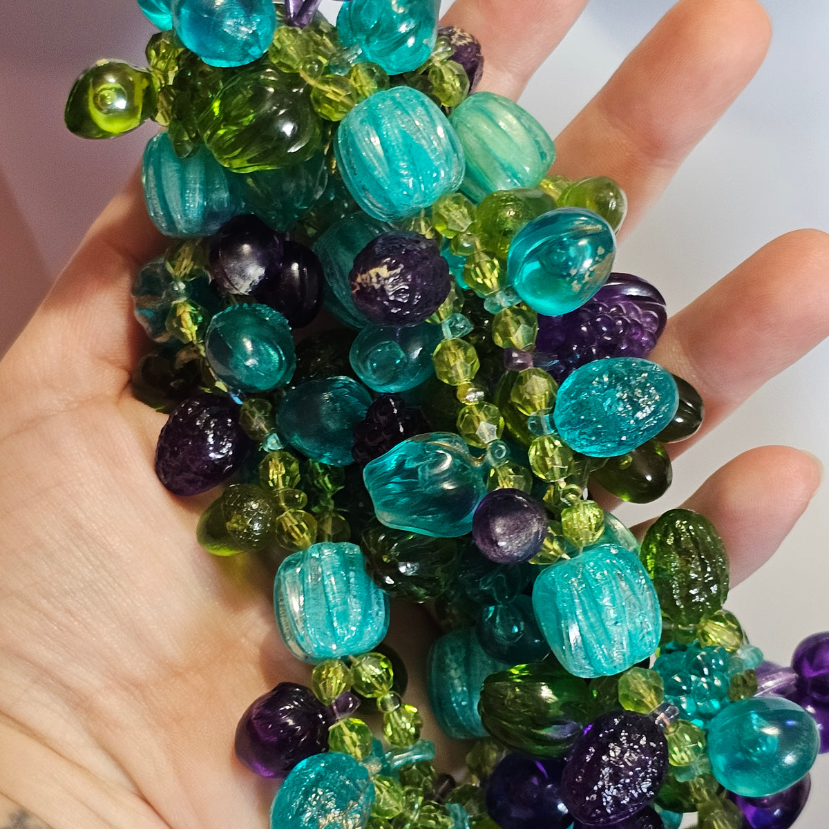 Teal Blue Purple Green Lucite Plastic Vintage West Germany Beaded Fruit Salad Necklace