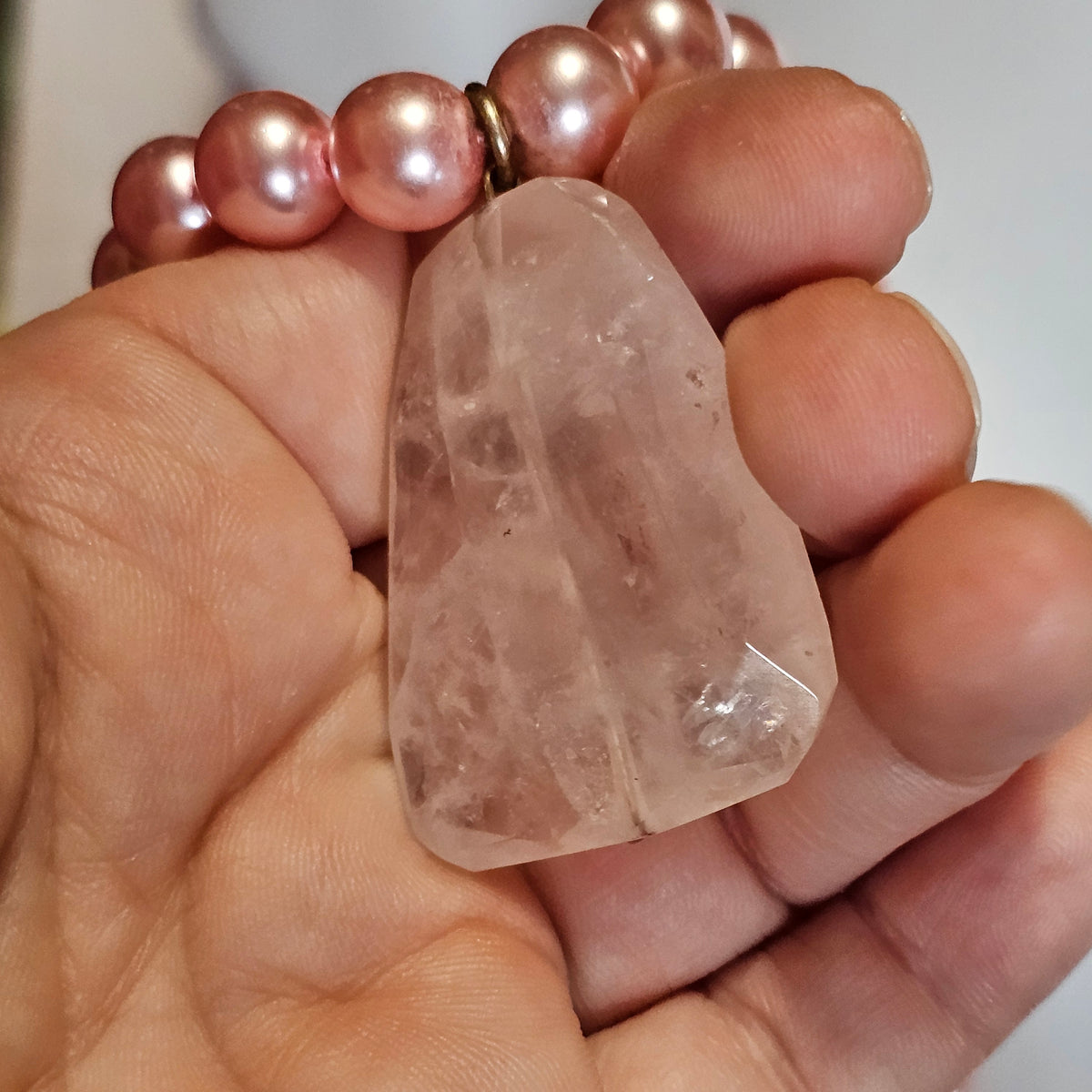 Stunning Pink Glass Beaded Chunky Rose Quartz Pendant Necklace Vintage
