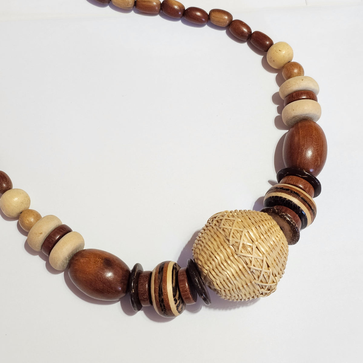 Chunky Wooden Wicker Beaded Bohemian Necklace Vintage Brown Statement