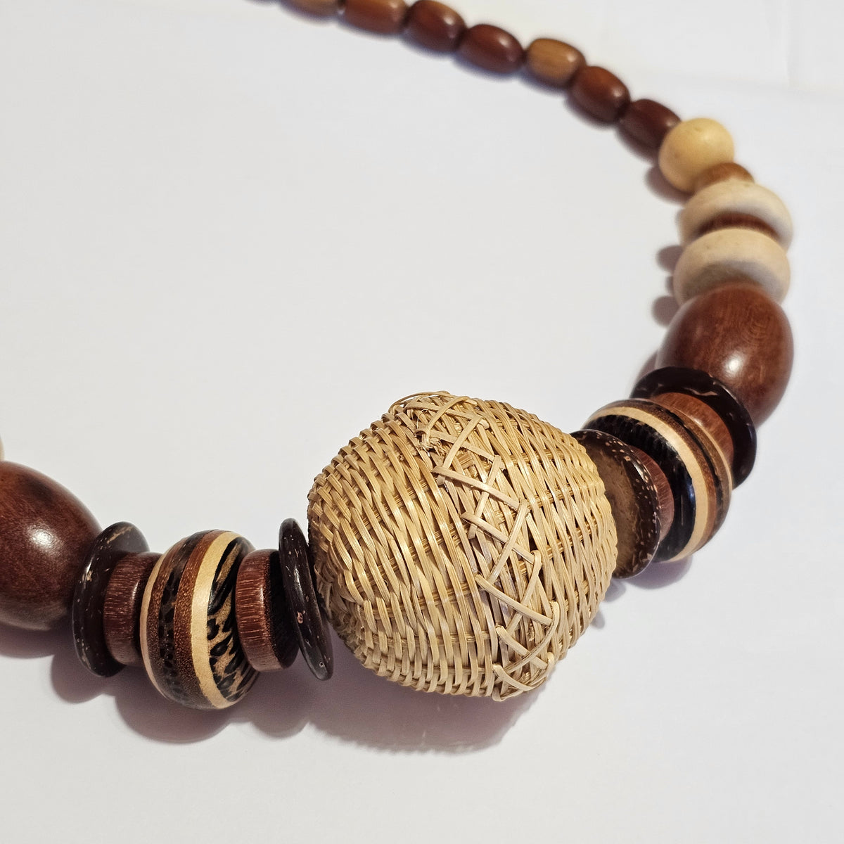 Chunky Wooden Wicker Beaded Bohemian Necklace Vintage Brown Statement