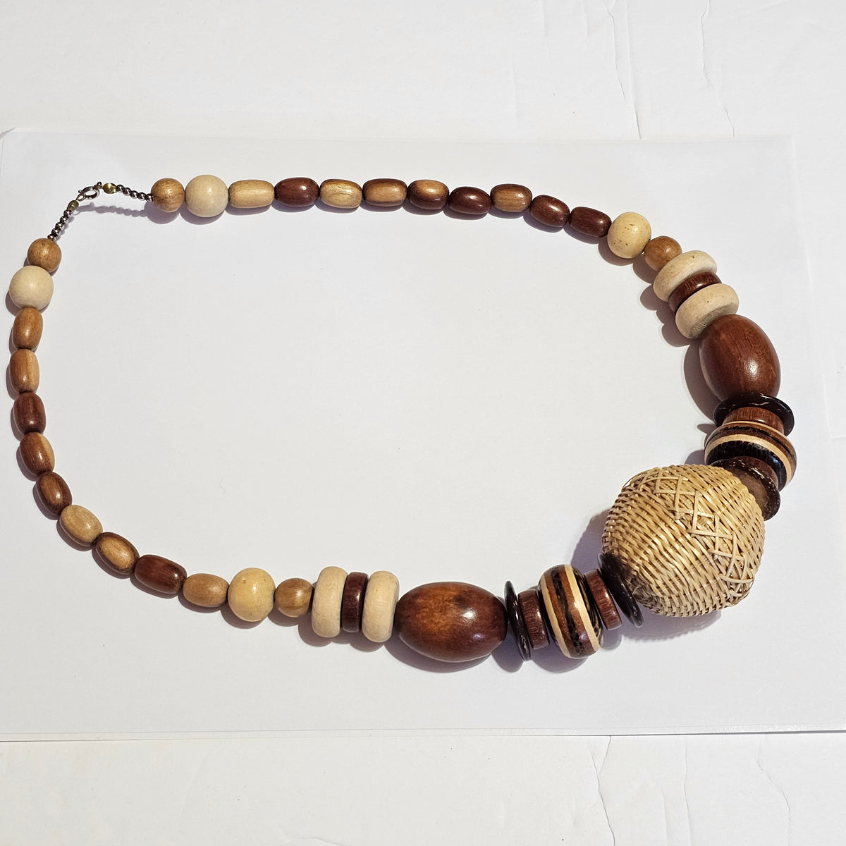 Chunky Wooden Wicker Beaded Bohemian Necklace Vintage Brown Statement