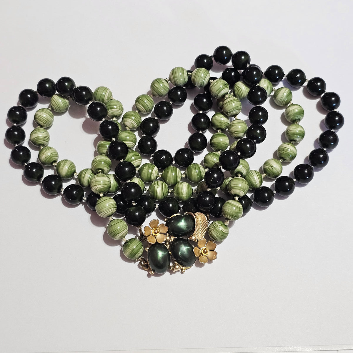 Various Shades of Green Double Layer Beaded Necklace Fancy Clasp Vintage Acrylic