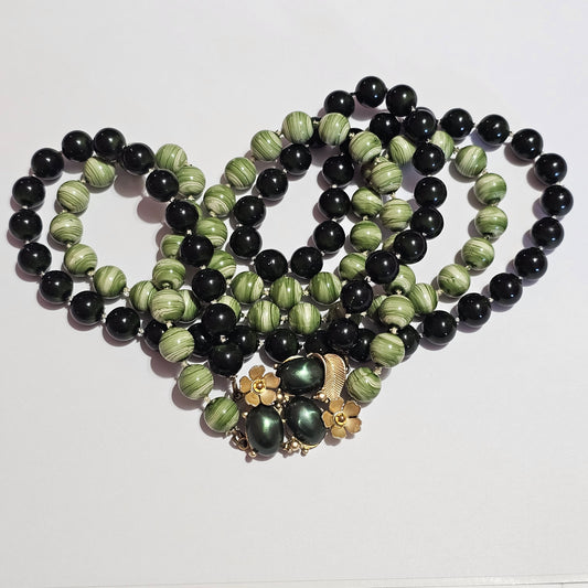 Various Shades of Green Double Layer Beaded Necklace Fancy Clasp Vintage Acrylic