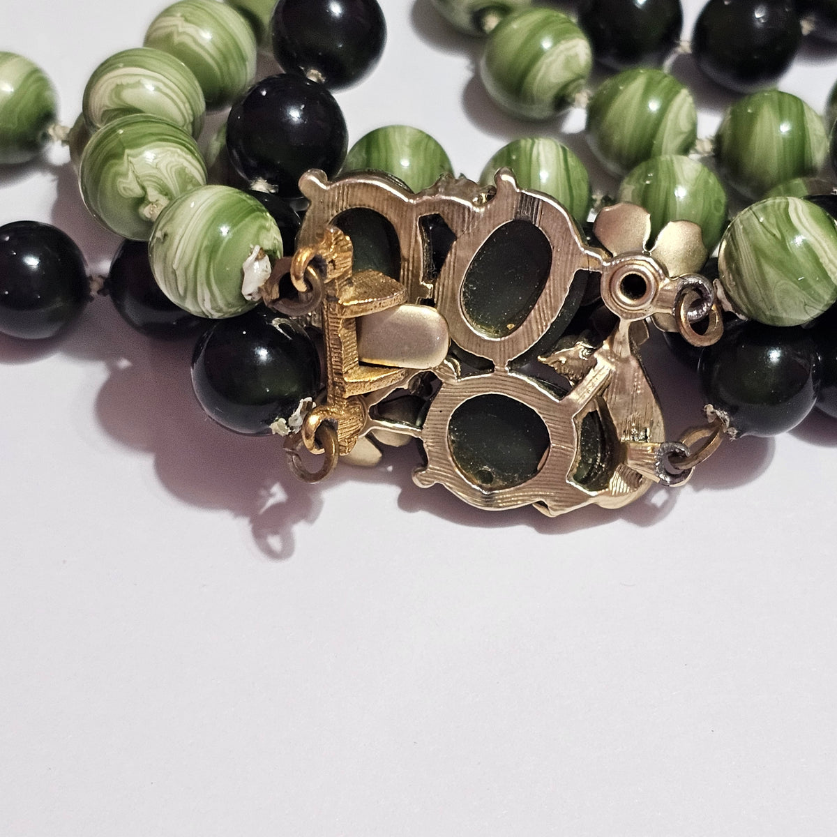 Various Shades of Green Double Layer Beaded Necklace Fancy Clasp Vintage Acrylic