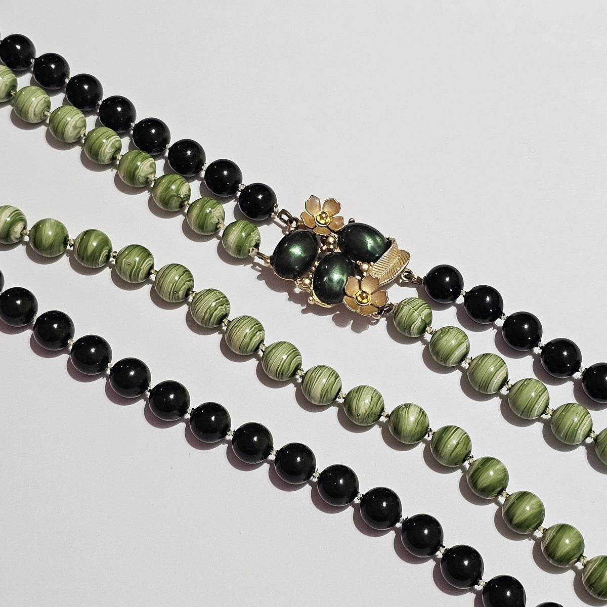 Various Shades of Green Double Layer Beaded Necklace Fancy Clasp Vintage Acrylic