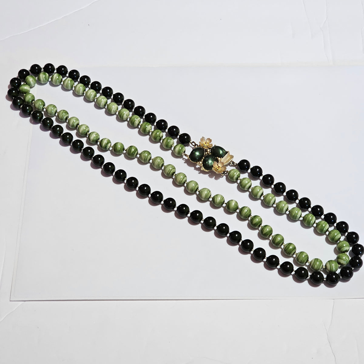 Various Shades of Green Double Layer Beaded Necklace Fancy Clasp Vintage Acrylic