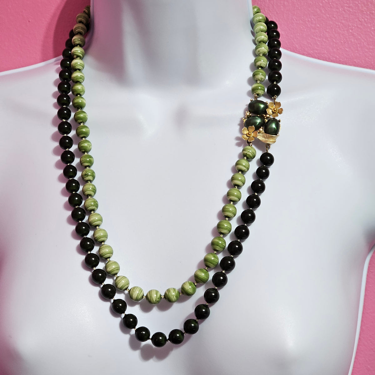 Various Shades of Green Double Layer Beaded Necklace Fancy Clasp Vintage Acrylic