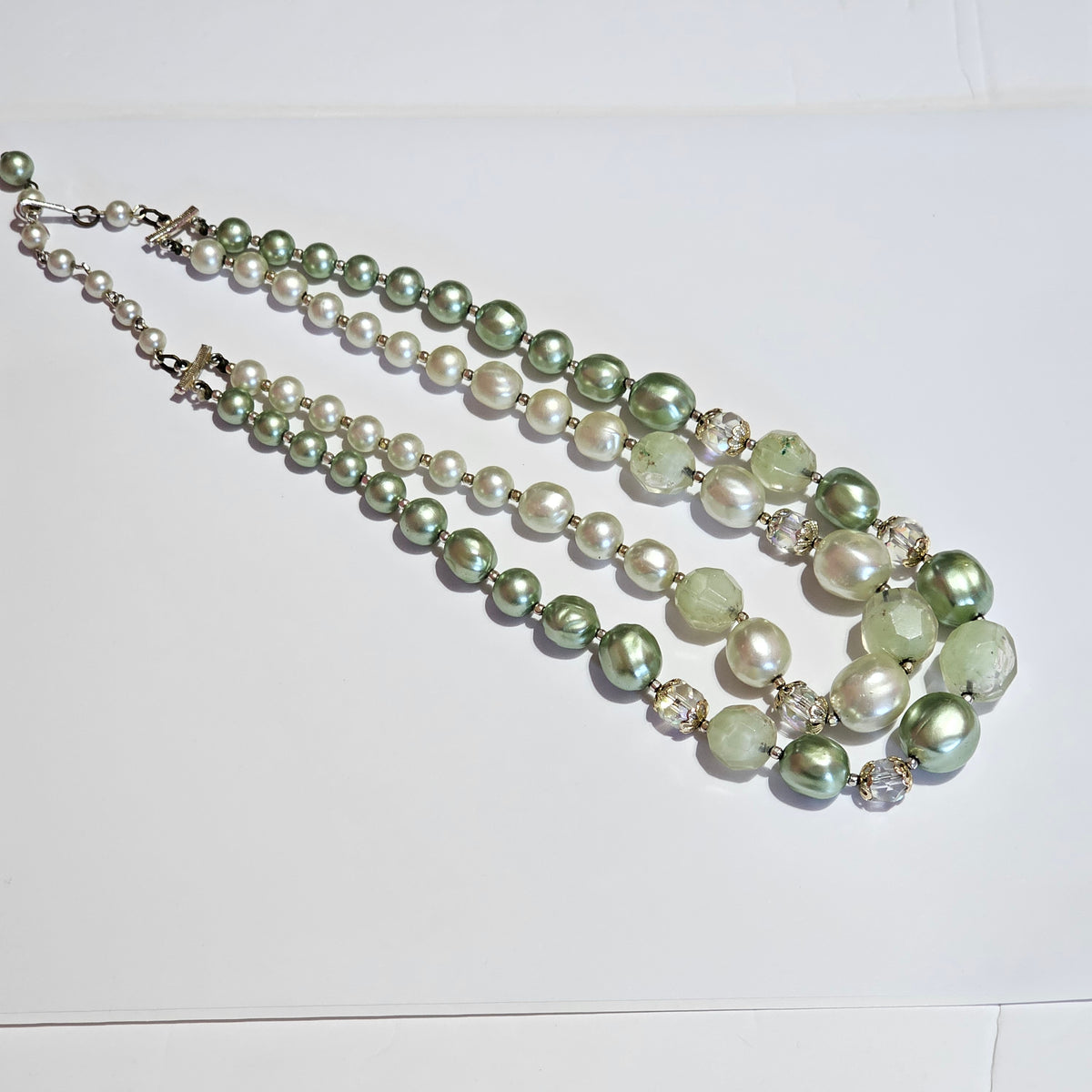 Multi Shades of Green Beaded Double Strand Signed Japan Vintage Necklace