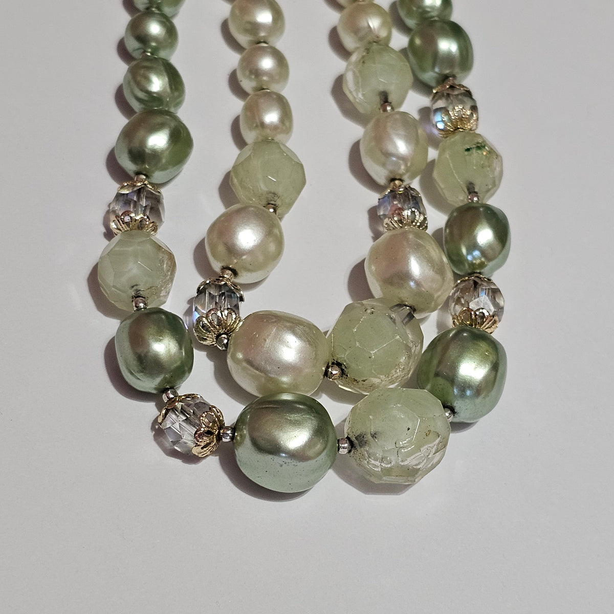 Multi Shades of Green Beaded Double Strand Signed Japan Vintage Necklace