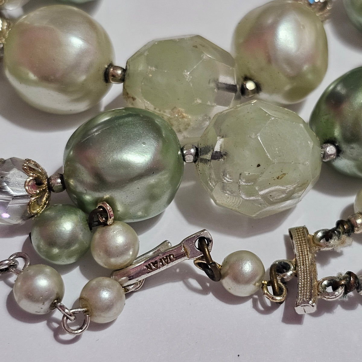 Multi Shades of Green Beaded Double Strand Signed Japan Vintage Necklace