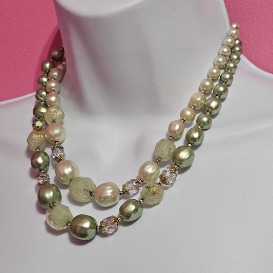 Multi Shades of Green Beaded Double Strand Signed Japan Vintage Necklace