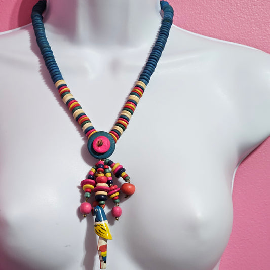 Colorful Wood Beaded Parrot Necklace Vintage Artisan