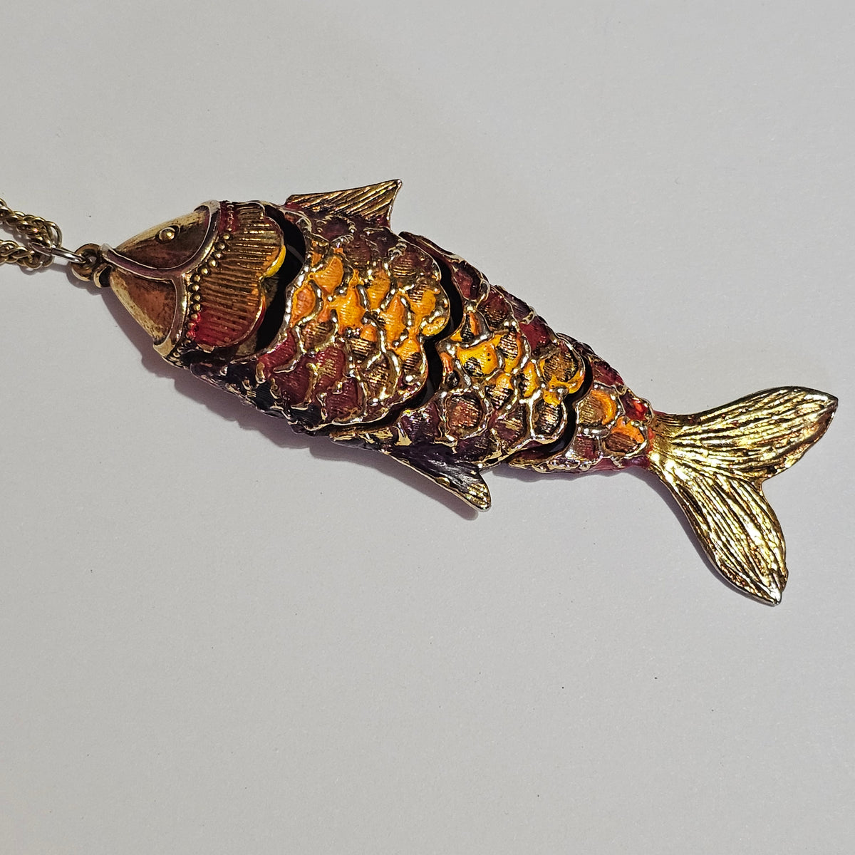 Cloisenne Chinese Enamel Articulated Koi Fish Orange Vintage Pendant Necklace