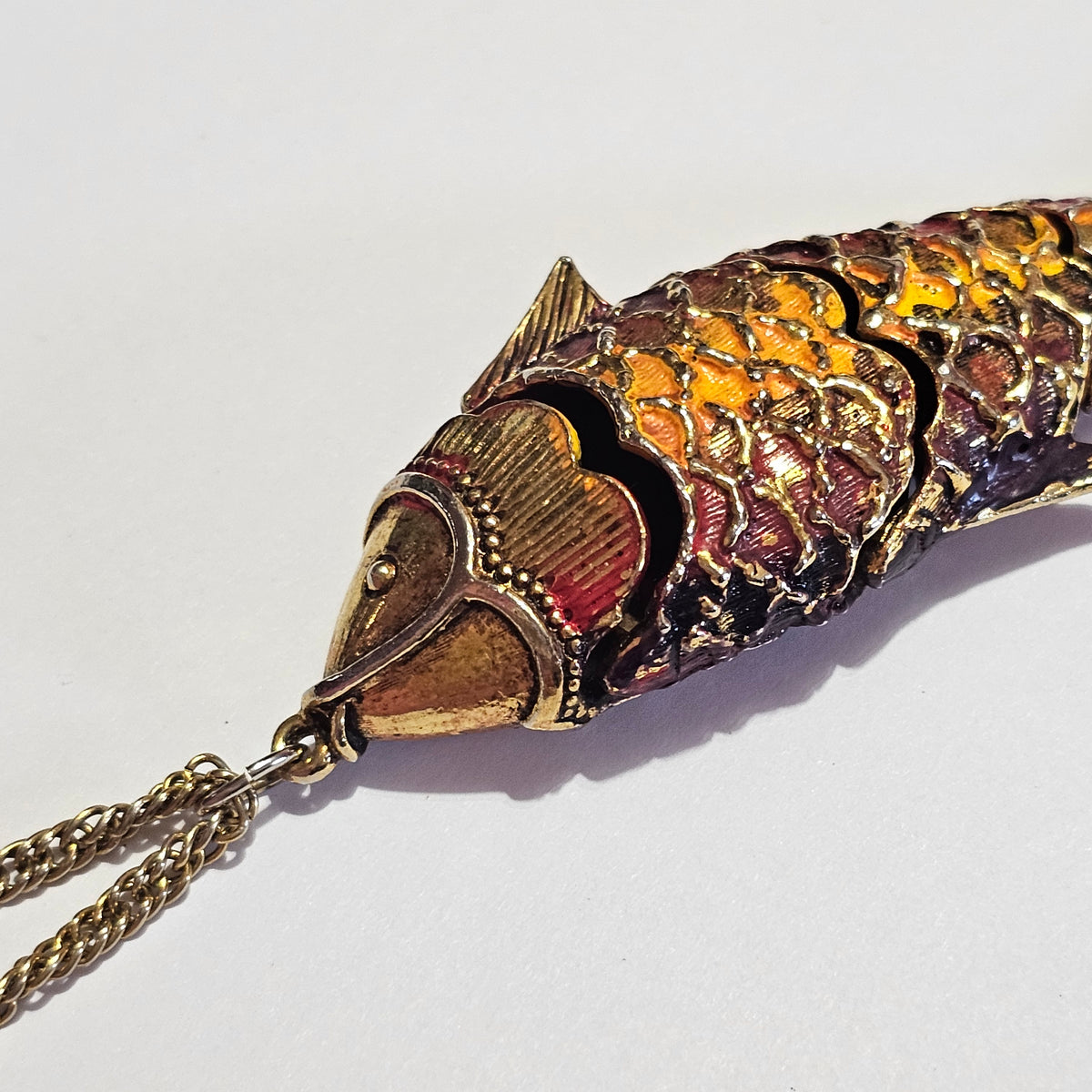 Cloisenne Chinese Enamel Articulated Koi Fish Orange Vintage Pendant Necklace