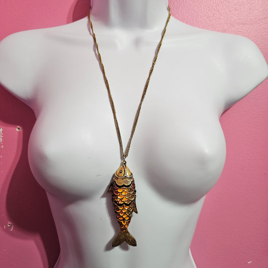 Cloisenne Chinese Enamel Articulated Koi Fish Orange Vintage Pendant Necklace