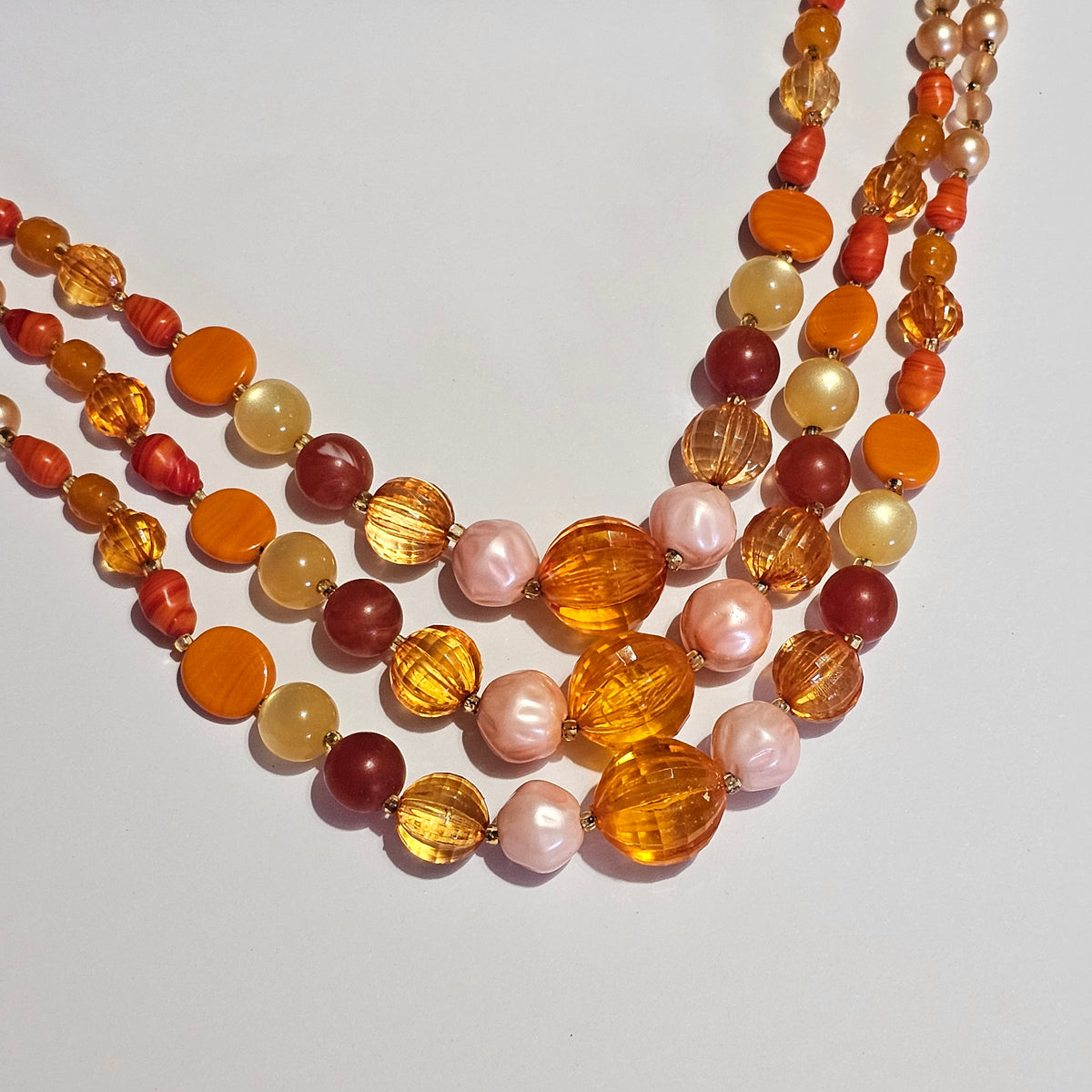 Triple Strand Beaded Crystal Orange Signed Japan Vintage Necklace
