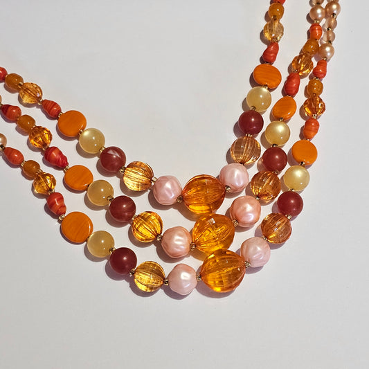 Triple Strand Beaded Crystal Orange Signed Japan Vintage Necklace