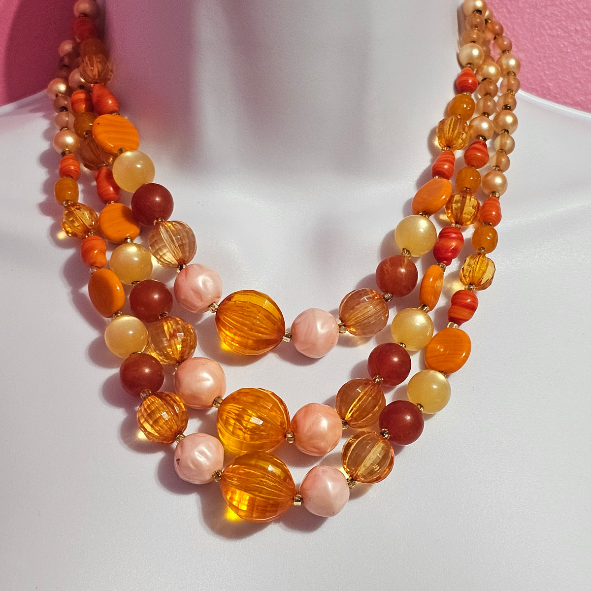Triple Strand Beaded Crystal Orange Signed Japan Vintage Necklace