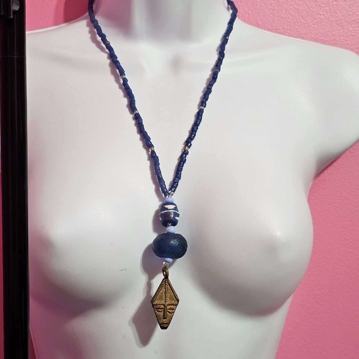 Artisan Blue Stone Beaded Tribal Face Necklace Vintage
