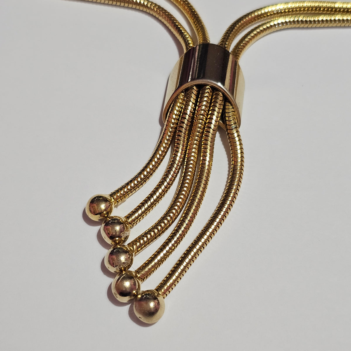 Stunning Gold-tone Mesh Snake Chain Tassel Lariat Necklace Vintage