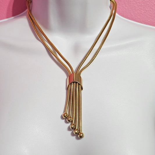 Stunning Gold-tone Mesh Snake Chain Tassel Lariat Necklace Vintage