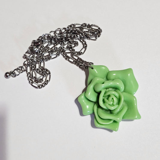 Green Molded Plastic Rose Pendant Necklace Vintage