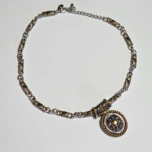 Two-tone Silver Gold Plated Bali Intricate Design Pendant Chain Necklace Vintage Signed Premier Designs
