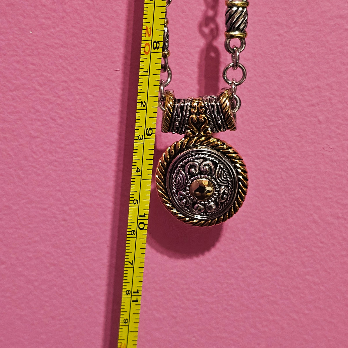 Two-tone Silver Gold Plated Bali Intricate Design Pendant Chain Necklace Vintage Signed Premier Designs