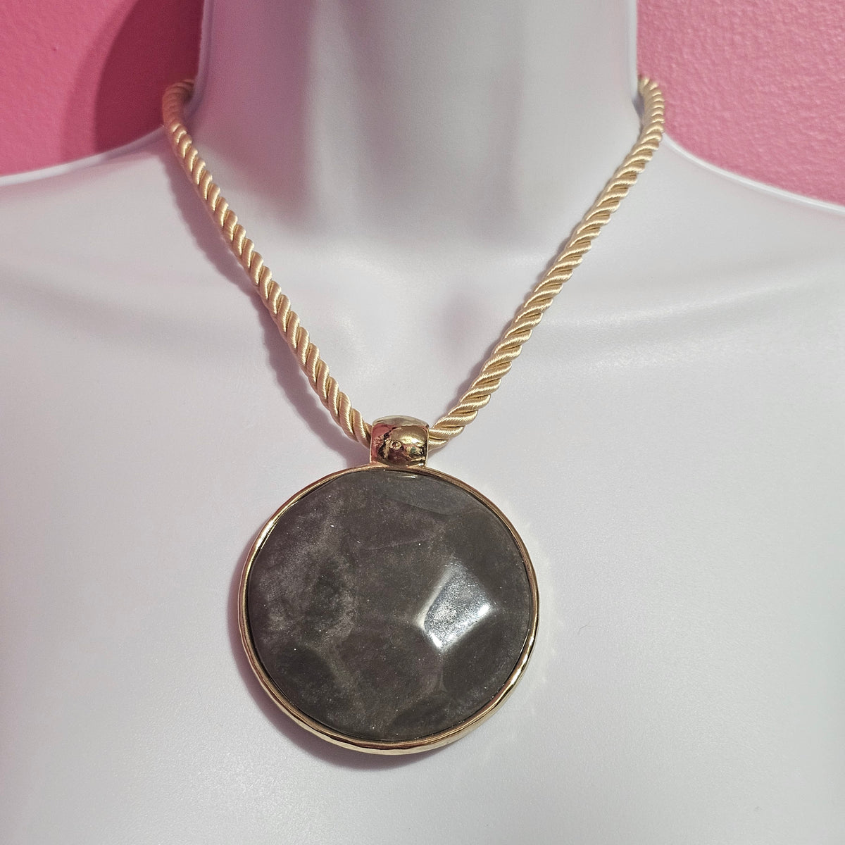 Chicos Statement Necklace Abstract Huge Glitter Pendant Grey Stone 16"