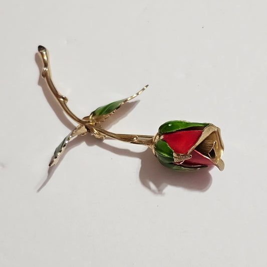 Giovanni Signed Gold-tone Red Enamel Stemmed Rose Flower Vintage Brooch Love Romantic