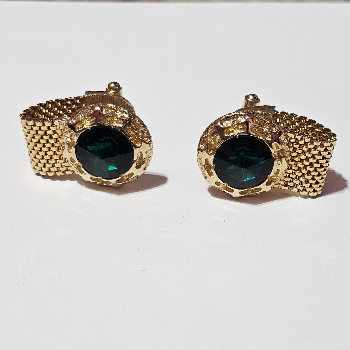 Vintage Green Rivioli Rhinestone Metal Mesh Gold-tone Cufflinks Wide Statement
