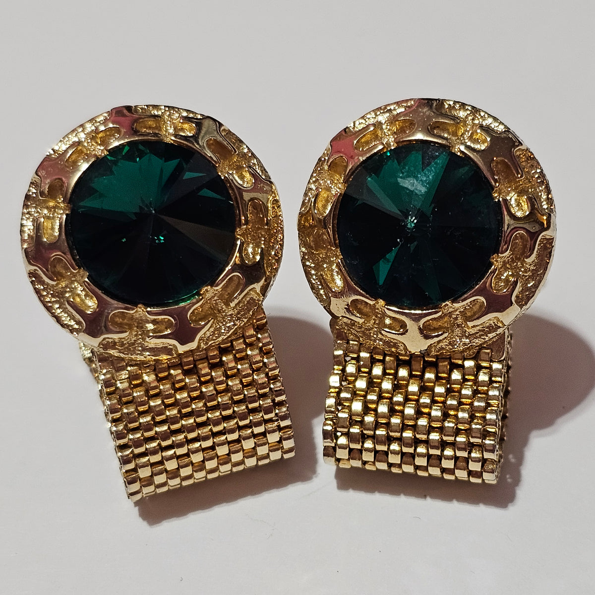 Vintage Green Rivioli Rhinestone Metal Mesh Gold-tone Cufflinks Wide Statement