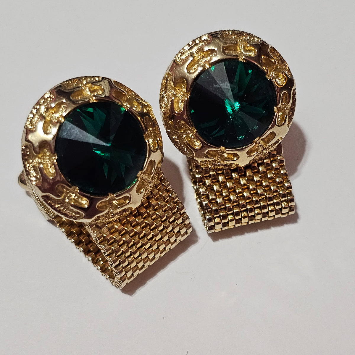 Vintage Green Rivioli Rhinestone Metal Mesh Gold-tone Cufflinks Wide Statement