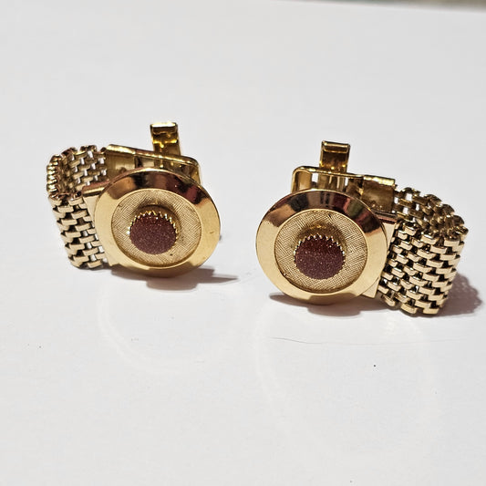 Vintage Round Prong Goldstone Brown Gold Specks Mesh Wrap Cufflinks