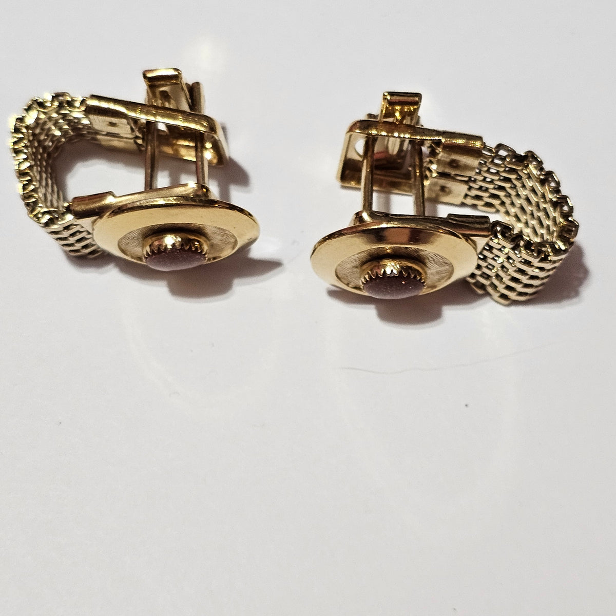 Vintage Round Prong Goldstone Brown Gold Specks Mesh Wrap Cufflinks