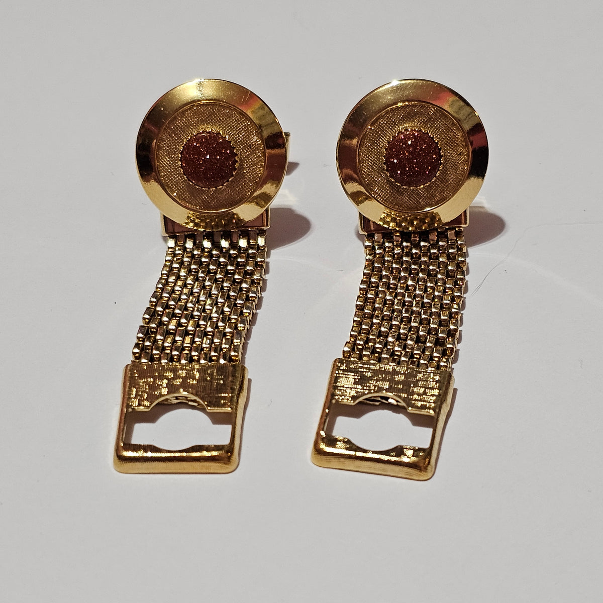 Vintage Round Prong Goldstone Brown Gold Specks Mesh Wrap Cufflinks