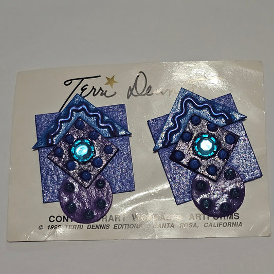 Artisan Made Retro Abstract Purple Blue Geometric Pierced Earrings 90s