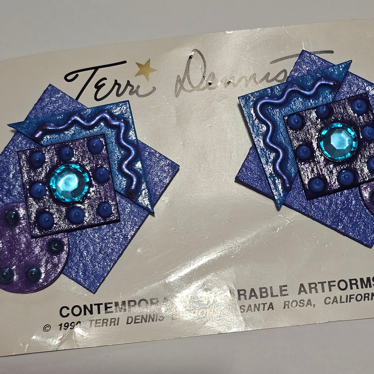 Artisan Made Retro Abstract Purple Blue Geometric Pierced Earrings 90s