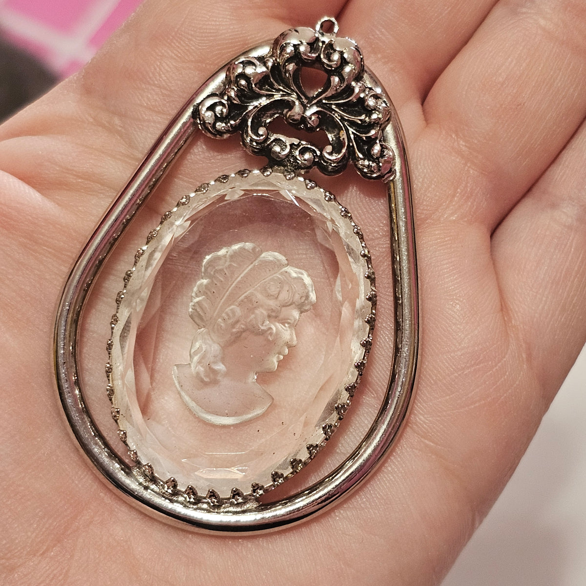 Huge Reverse Intaglio Glass Cameo Silver-tone Pendant Only Prong Set Faceted Edges