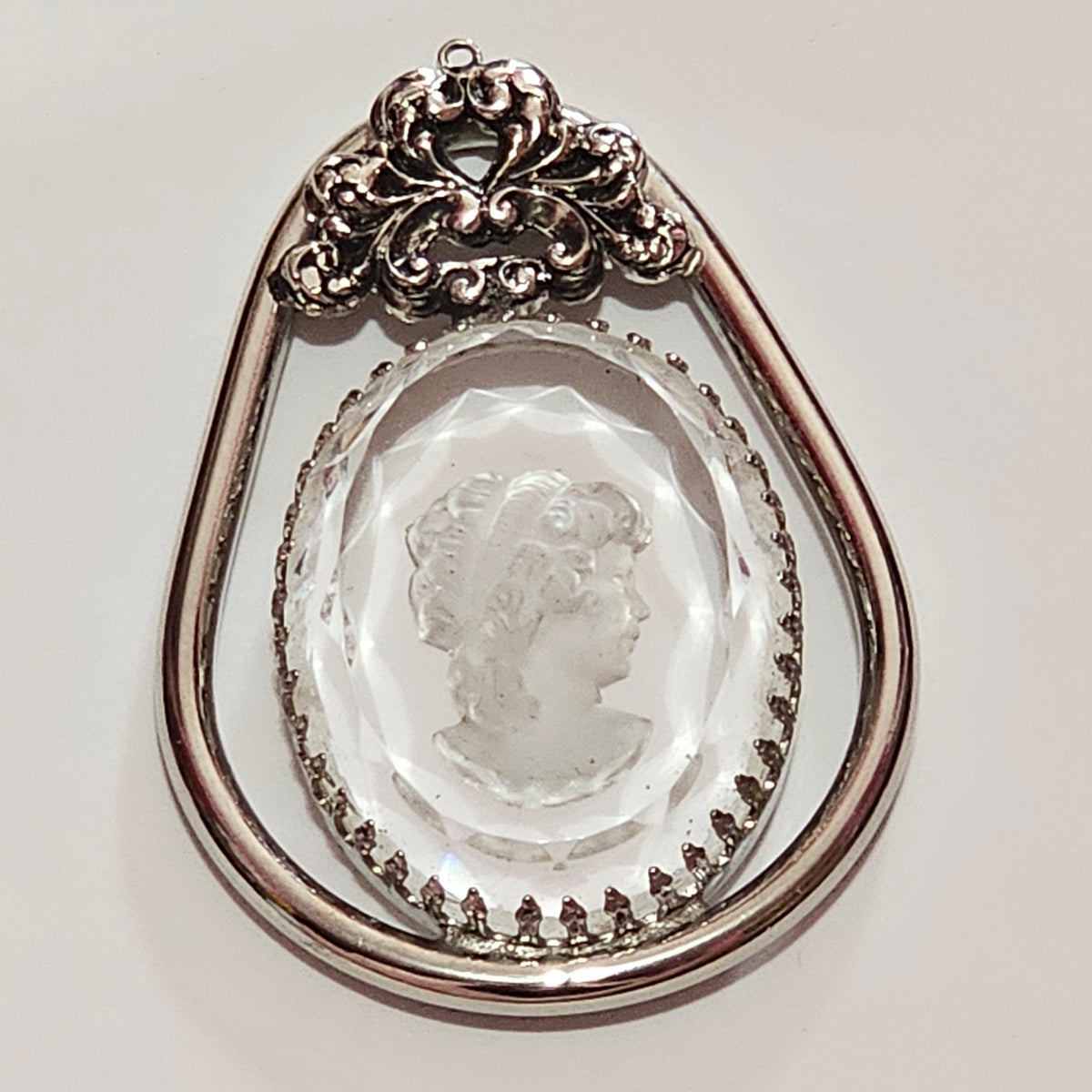 Huge Reverse Intaglio Glass Cameo Silver-tone Pendant Only Prong Set Faceted Edges
