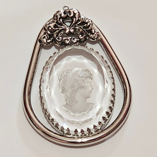 Huge Reverse Intaglio Glass Cameo Silver-tone Pendant Only Prong Set Faceted Edges
