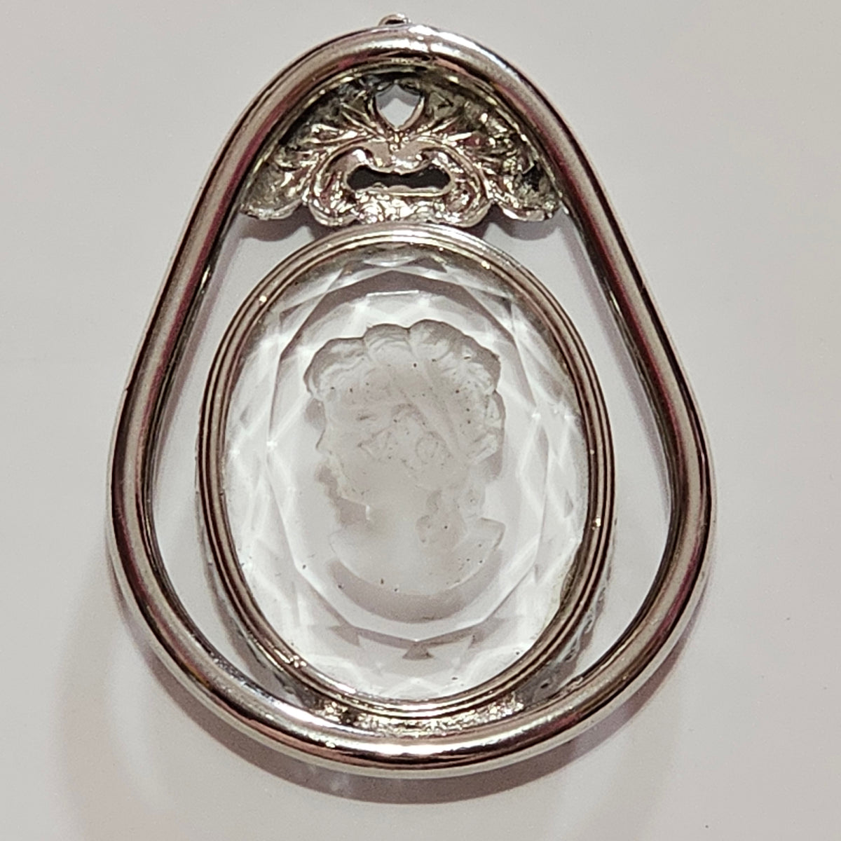 Huge Reverse Intaglio Glass Cameo Silver-tone Pendant Only Prong Set Faceted Edges
