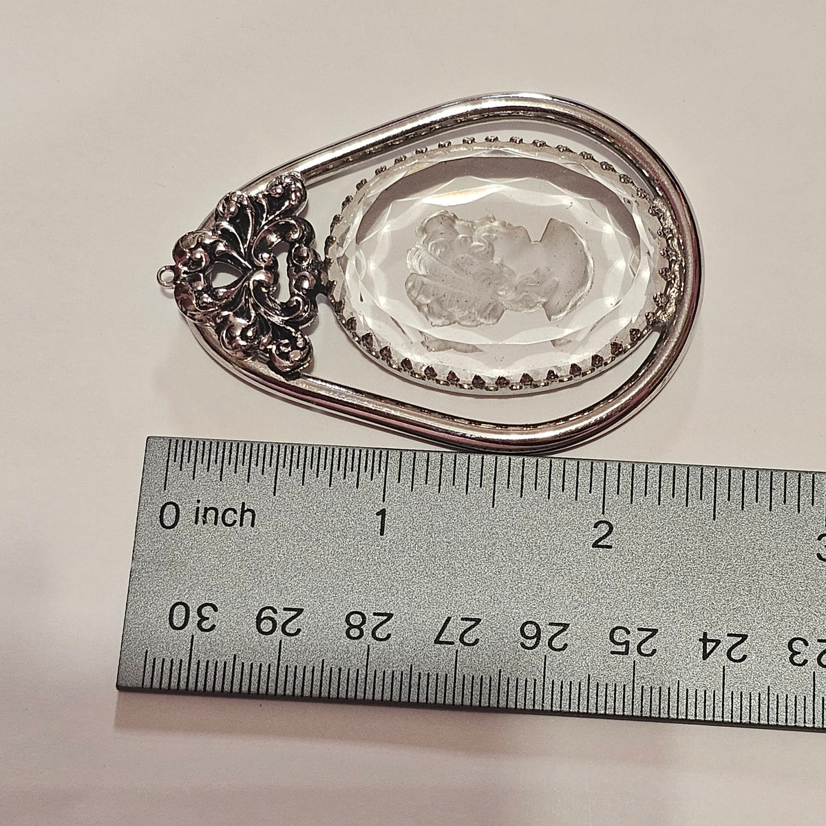Huge Reverse Intaglio Glass Cameo Silver-tone Pendant Only Prong Set Faceted Edges