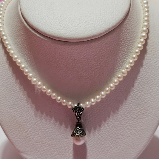 Sterling Silver 925 Marcasite Accent Vintage Pearl Necklace Beaded Pendant