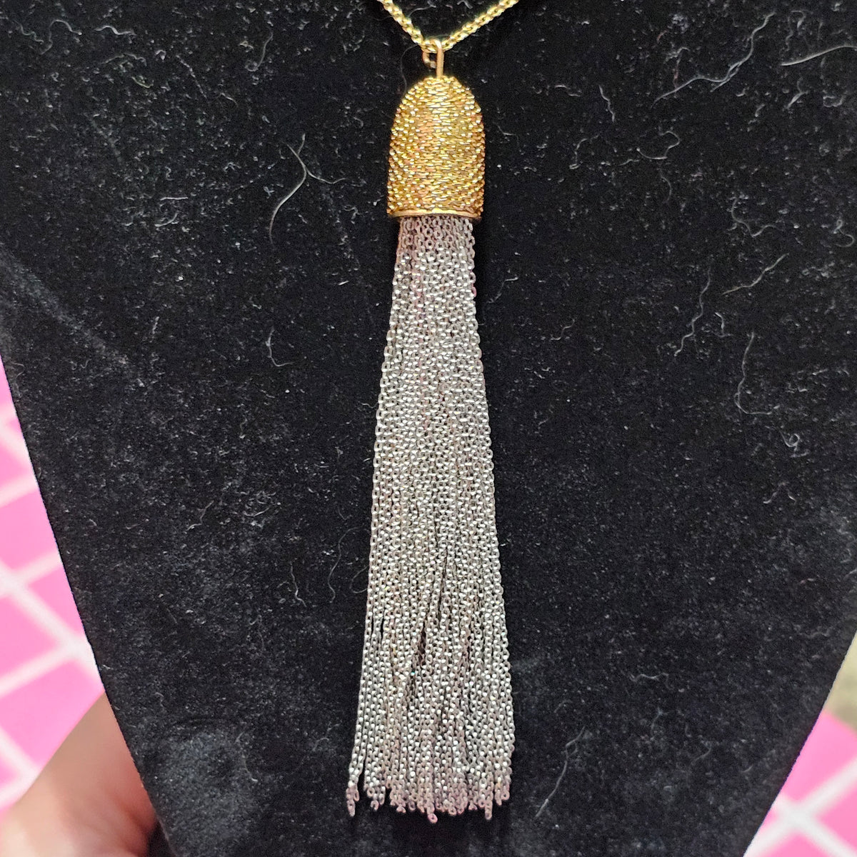 Ann Taylor Two Tone Silver Gold Mesh Chain Tassel Pendant Necklace