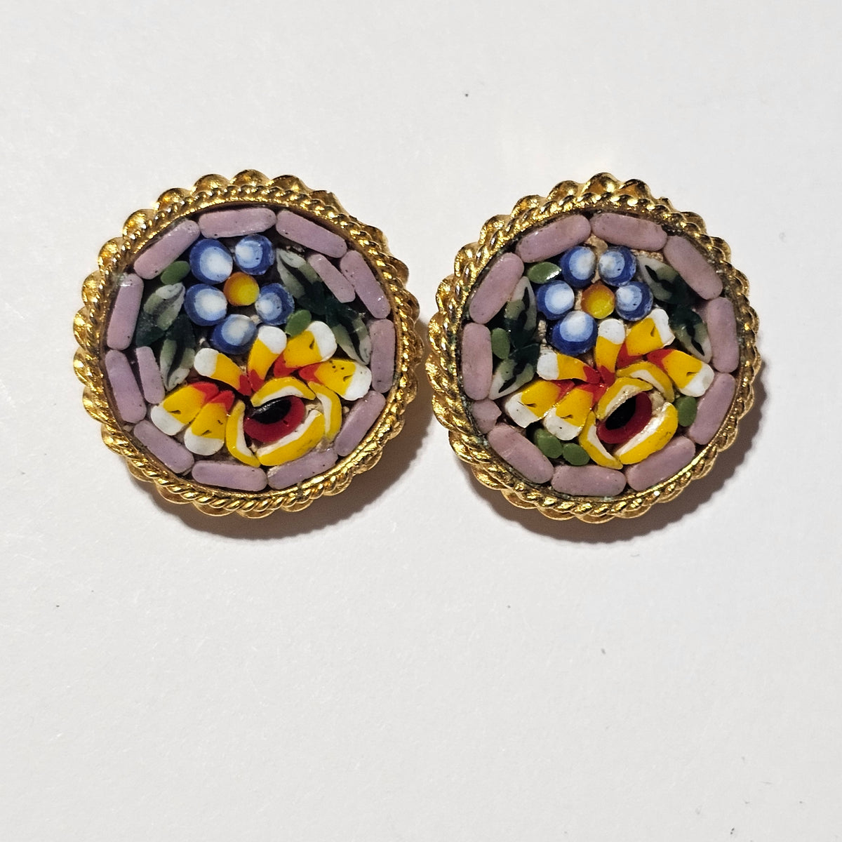 Micro Mosaic Button Clip-on Earrings Vintage Italian Yellow Bouquet Spring