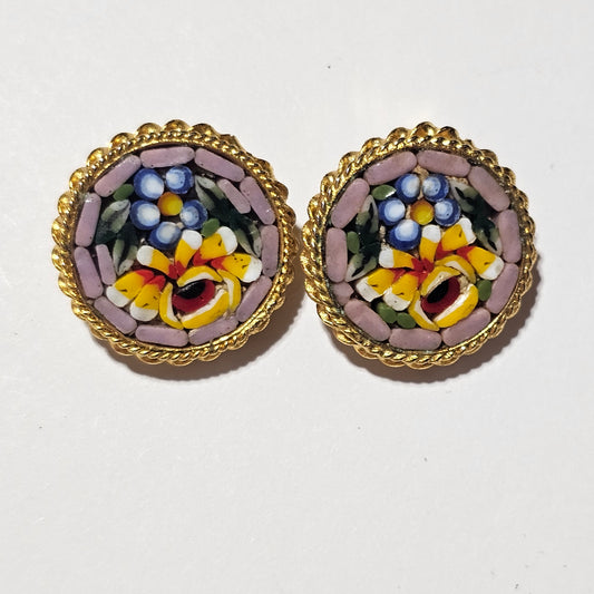 Micro Mosaic Button Clip-on Earrings Vintage Italian Yellow Bouquet Spring