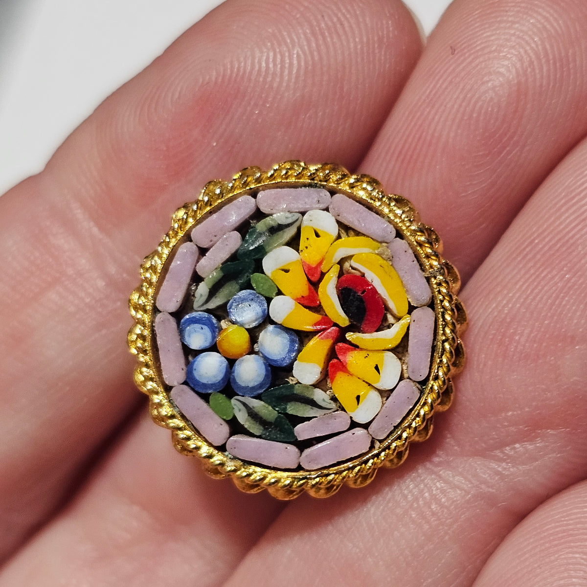 Micro Mosaic Button Clip-on Earrings Vintage Italian Yellow Bouquet Spring
