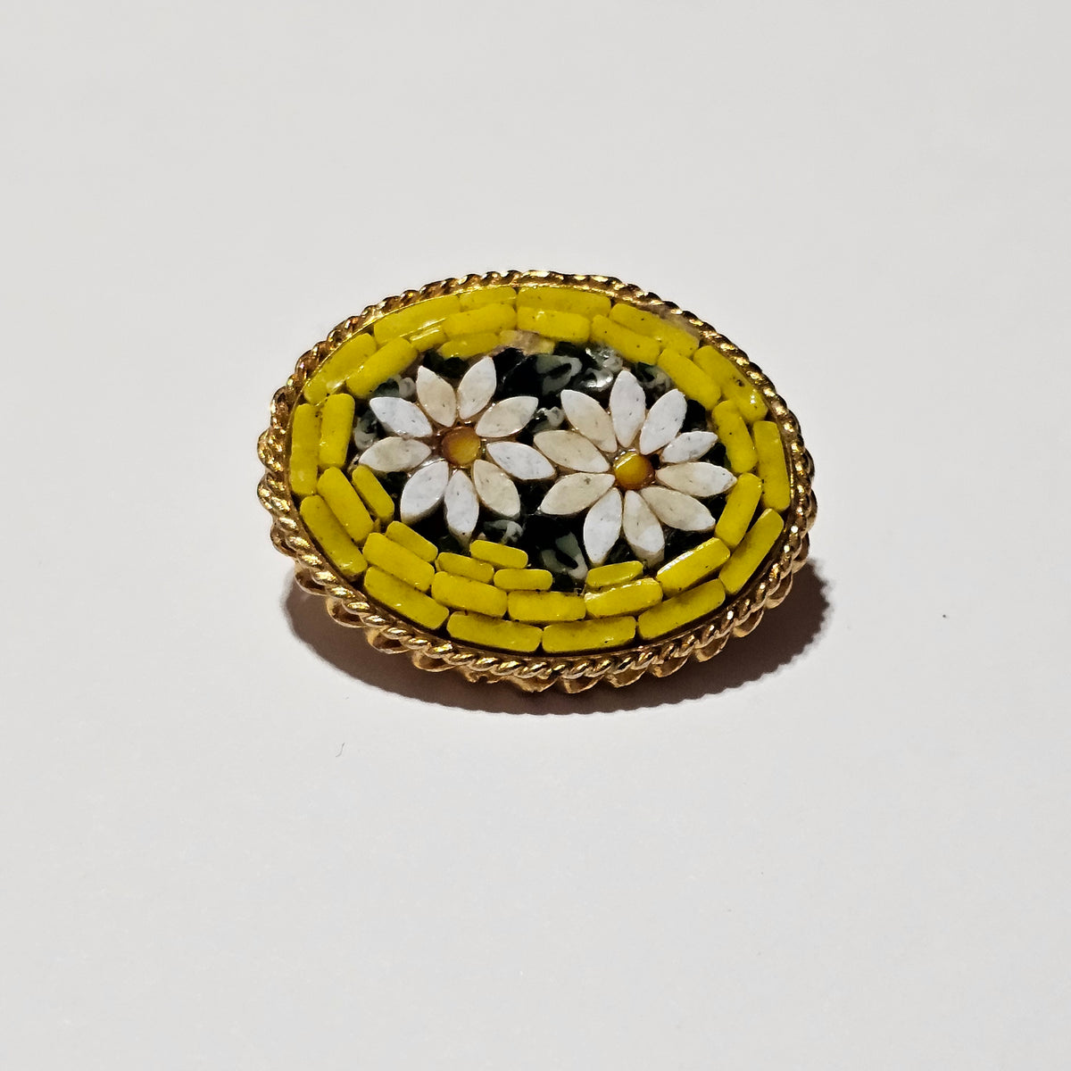 Yellow Daisy Micro Mosaic Oval Spring Brooch Signed Italy Brass Vintage