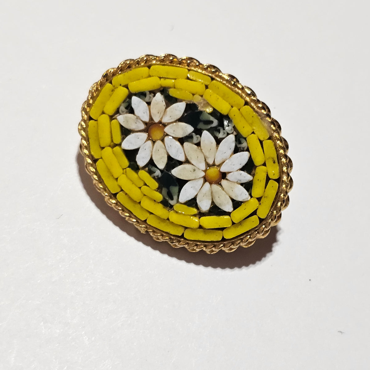 Yellow Daisy Micro Mosaic Oval Spring Brooch Signed Italy Brass Vintage